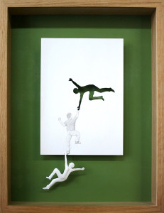 Peter Callesen, Saving himself, 2004, A4carta e colla, colori acrilici, cornice di legno