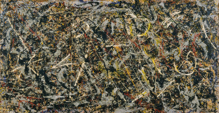 Jackson Pollock, Alchimia (Alchemy, 1947; olio, pittura d'alluminio, forse smalto, e spago su tela, 114,6 x 221,3 cm; Collezione Peggy Guggenheim, Venezi