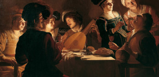 Gerrit van Honthorst (Gherardo delle Notti) (Utrecht 1592-1656), Cena con suonatore di liuto, 1619-1620, olio su tela, Firenze, Galleria degli Uffizi