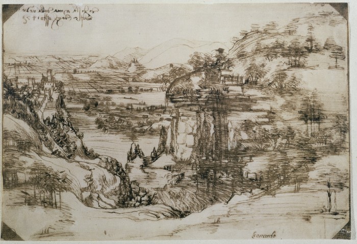 Leonardo da Vinci, Paesaggio 5 agosto 1473, Firenze-Gabinetto Disegni e Stampe degli Uffizi pittura arte disegno